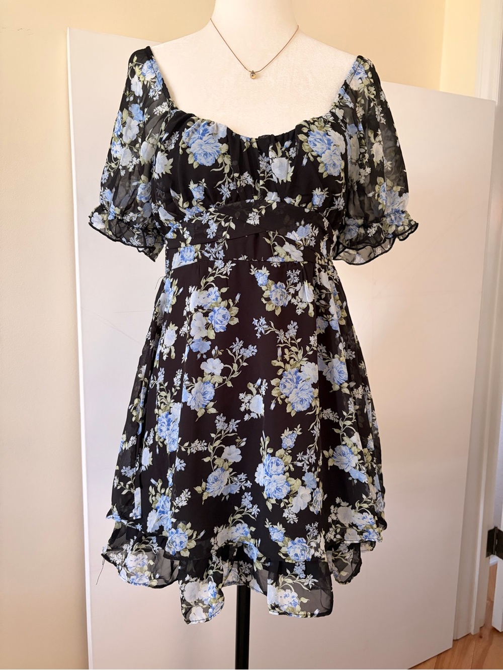 Black Floral Mini Dress with Blue Roses
